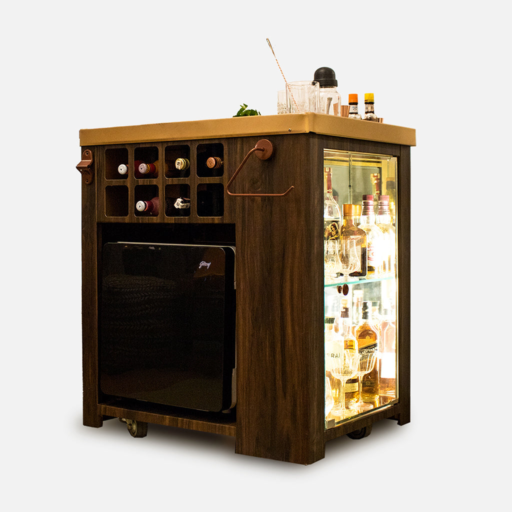 Model X Home Bar - Wooden Vinyl & Matt Gold Finish