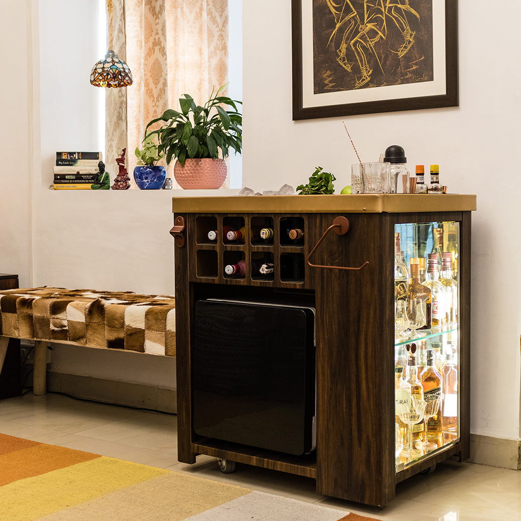 Model X Home Bar - Wooden Vinyl & Matt Gold Finish