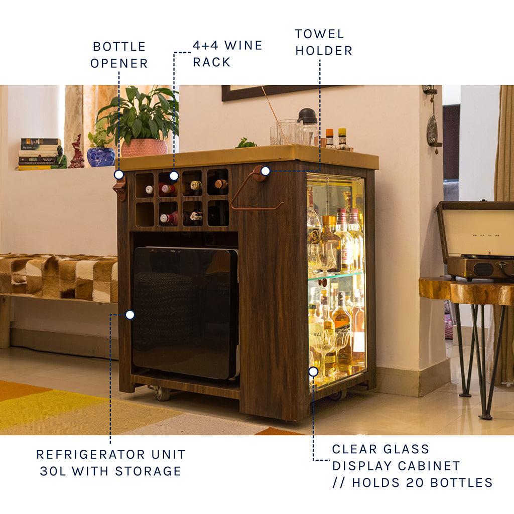 Model X Home Bar - Wooden Vinyl & Matt Gold Finish