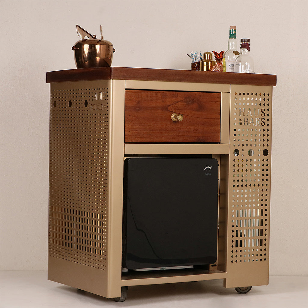 Model X Home Bar - Wooden Top In Matte Gold Finish