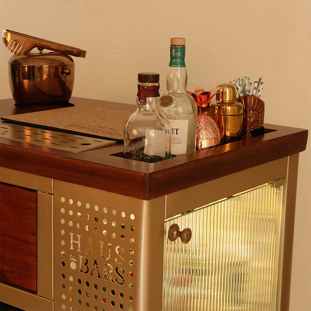 Model X Home Bar - Wooden Top In Matte Gold Finish