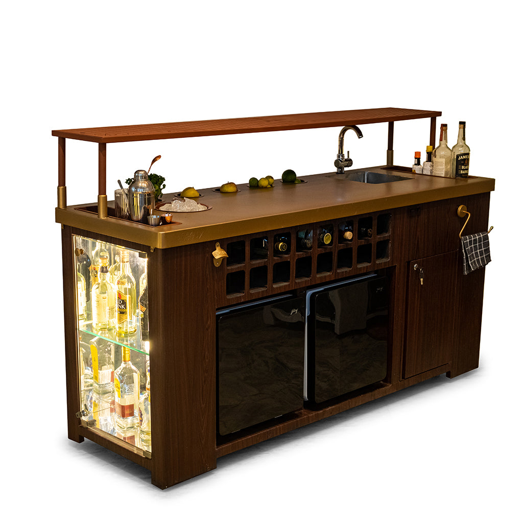 Double Model X Home Bar - Wooden Vinyl & Matt Gold Finish