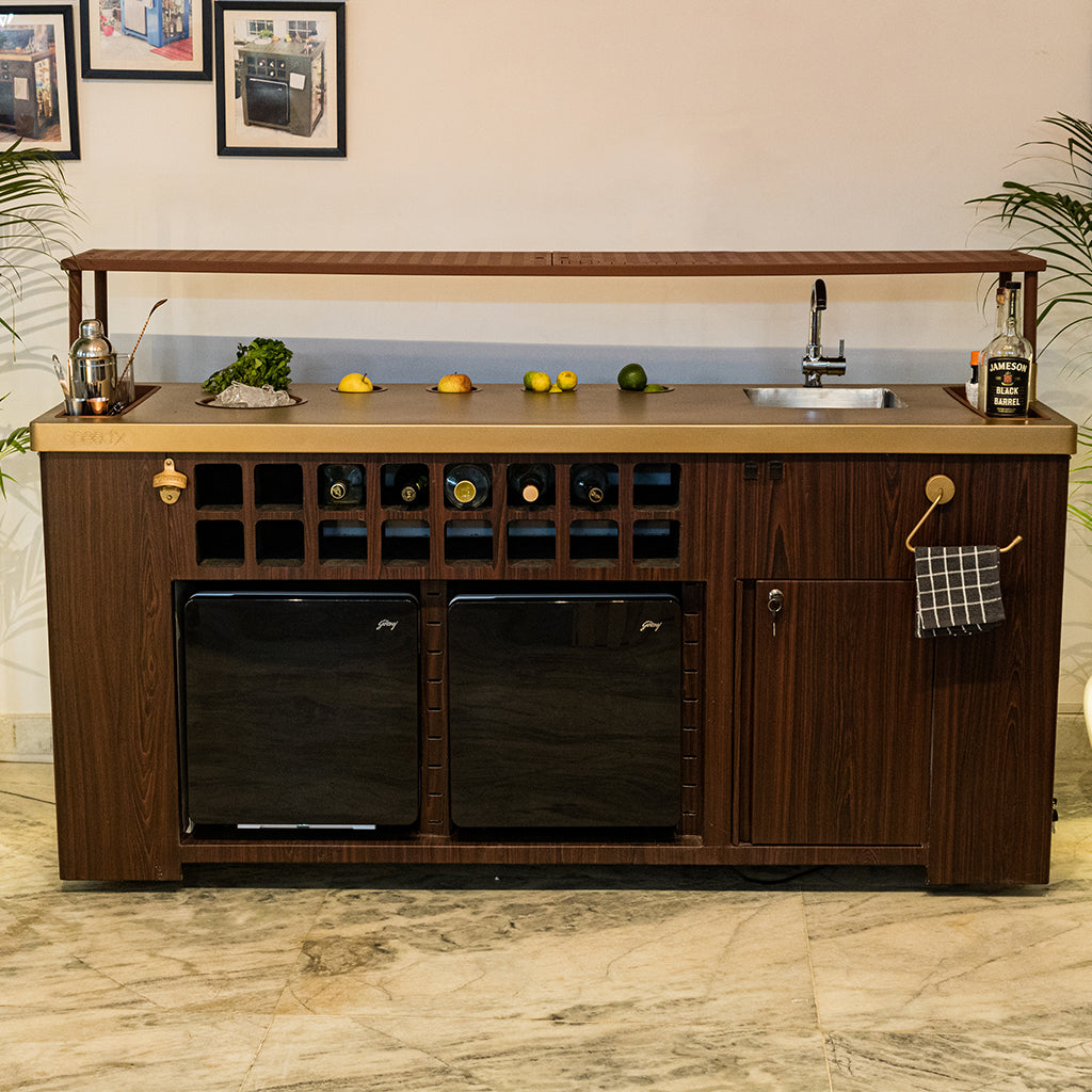 Double Model X Home Bar - Wooden Vinyl & Matt Gold Finish