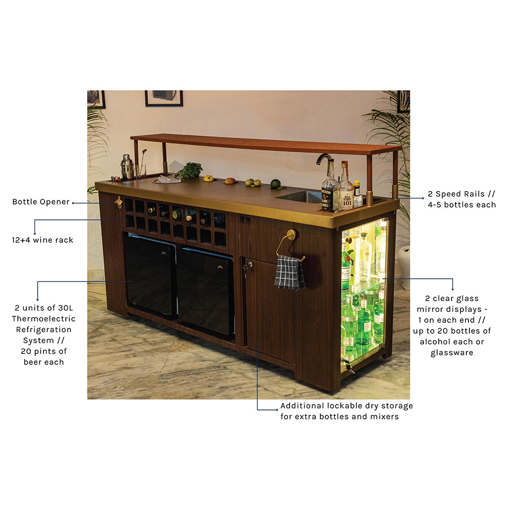 Double Model X Home Bar - Wooden Vinyl & Matt Gold Finish