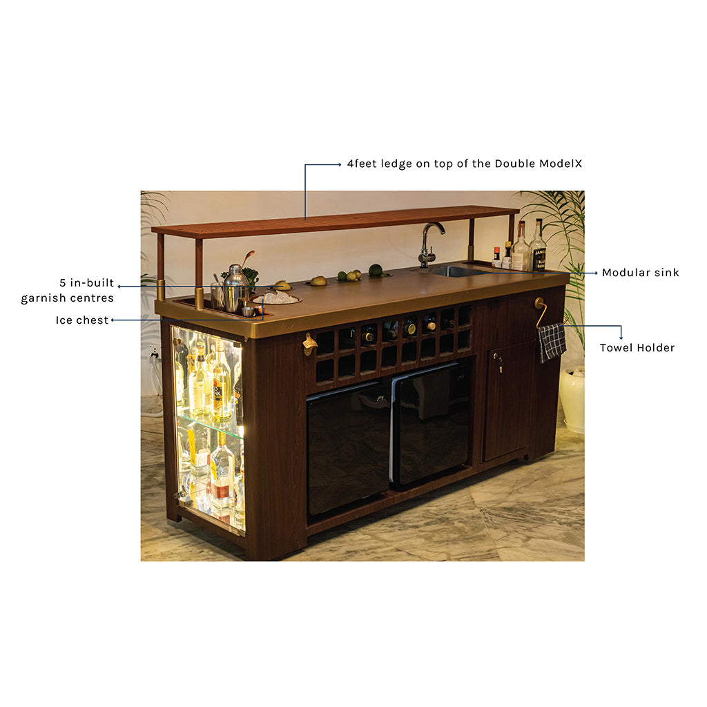 Double Model X Home Bar - Wooden Vinyl & Matt Gold Finish