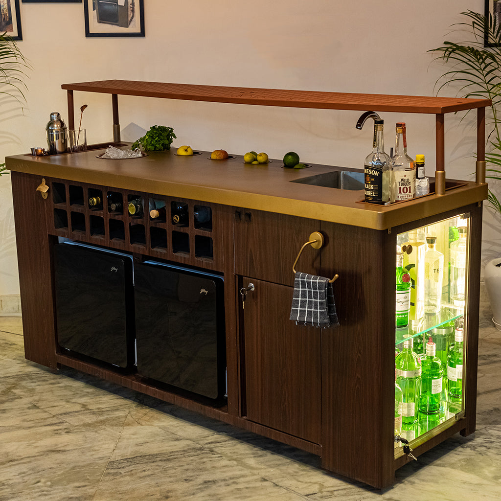 Double Model X Home Bar - Wooden Vinyl & Matt Gold Finish