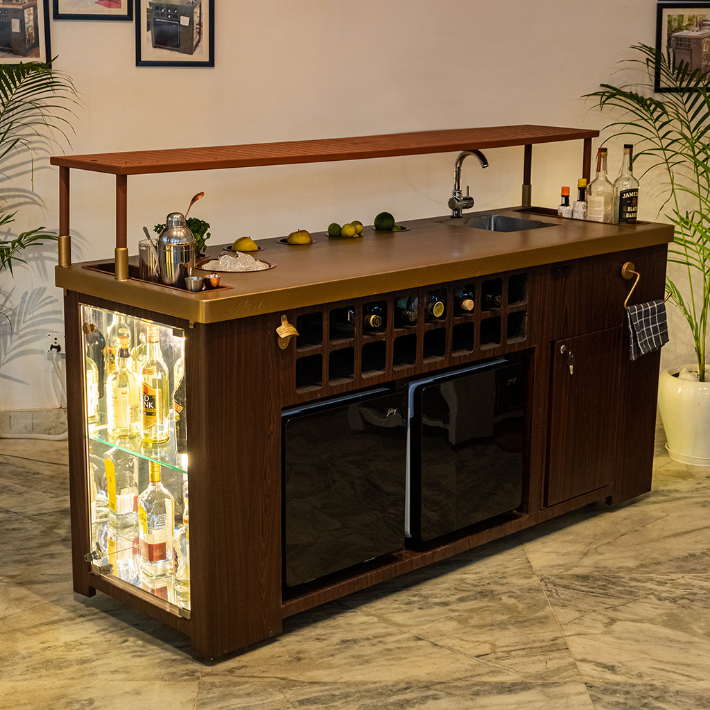 Double Model X Home Bar - Wooden Vinyl & Matt Gold Finish