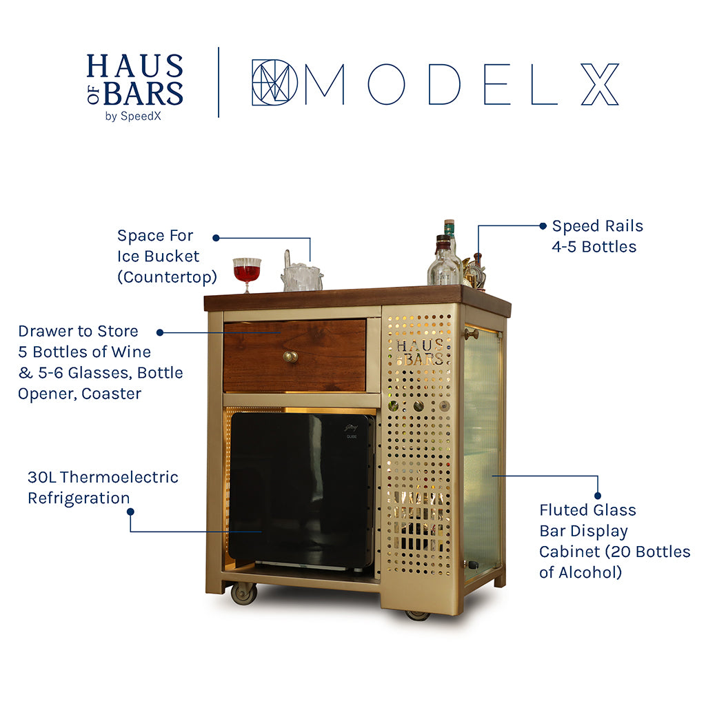 Model X Home Bar - Wooden Top In Matte Gold Finish