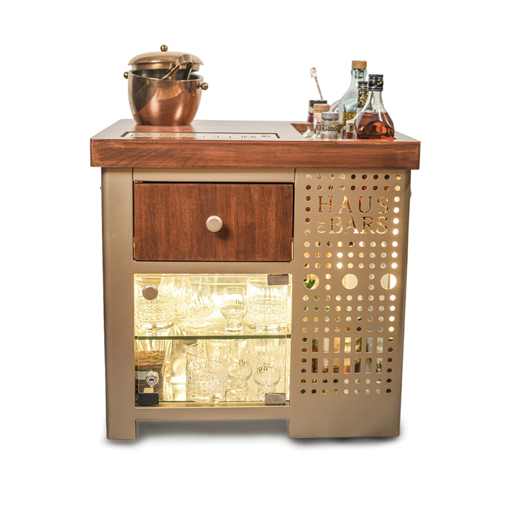 Model M Mini Bar for home, Matte Gold With Right Side Display Cabinet