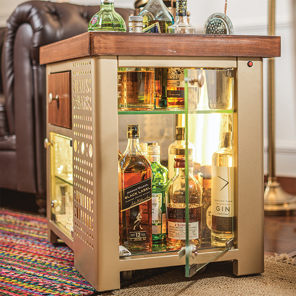 Model M Mini Bar for home, Matte Gold With Right Side Display Cabinet