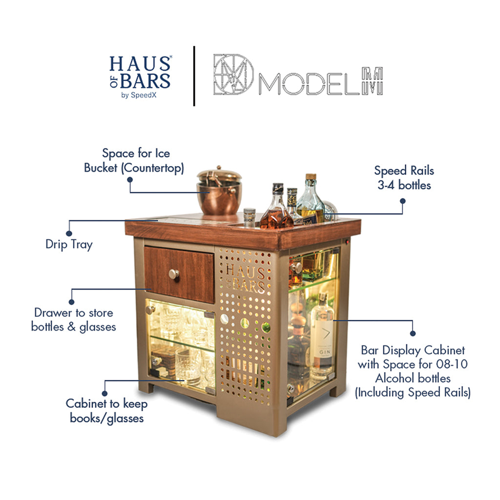 Model M Mini Bar for home, Matte Gold With Right Side Display Cabinet