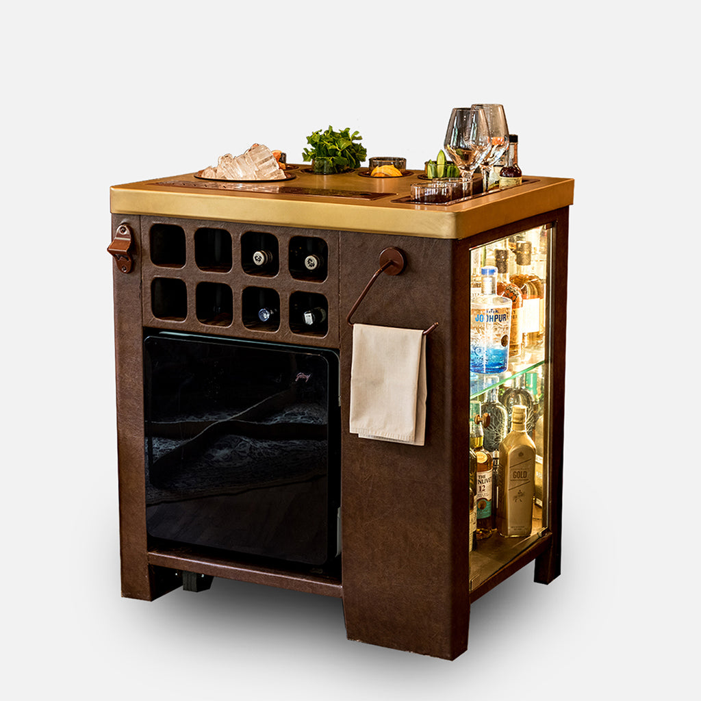 Model X Home Bar - Dark Leather & Matt Gold Finish