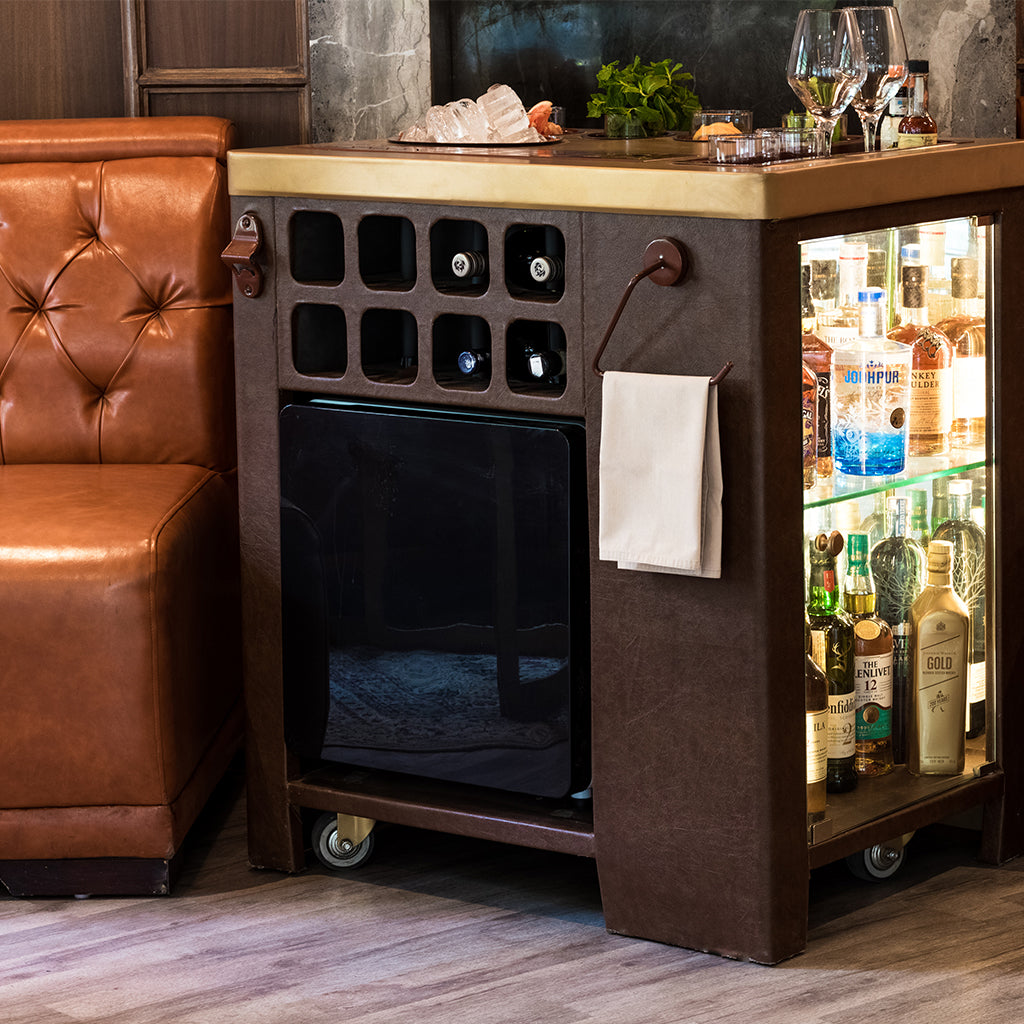 Model X Home Bar - Dark Leather & Matt Gold Finish