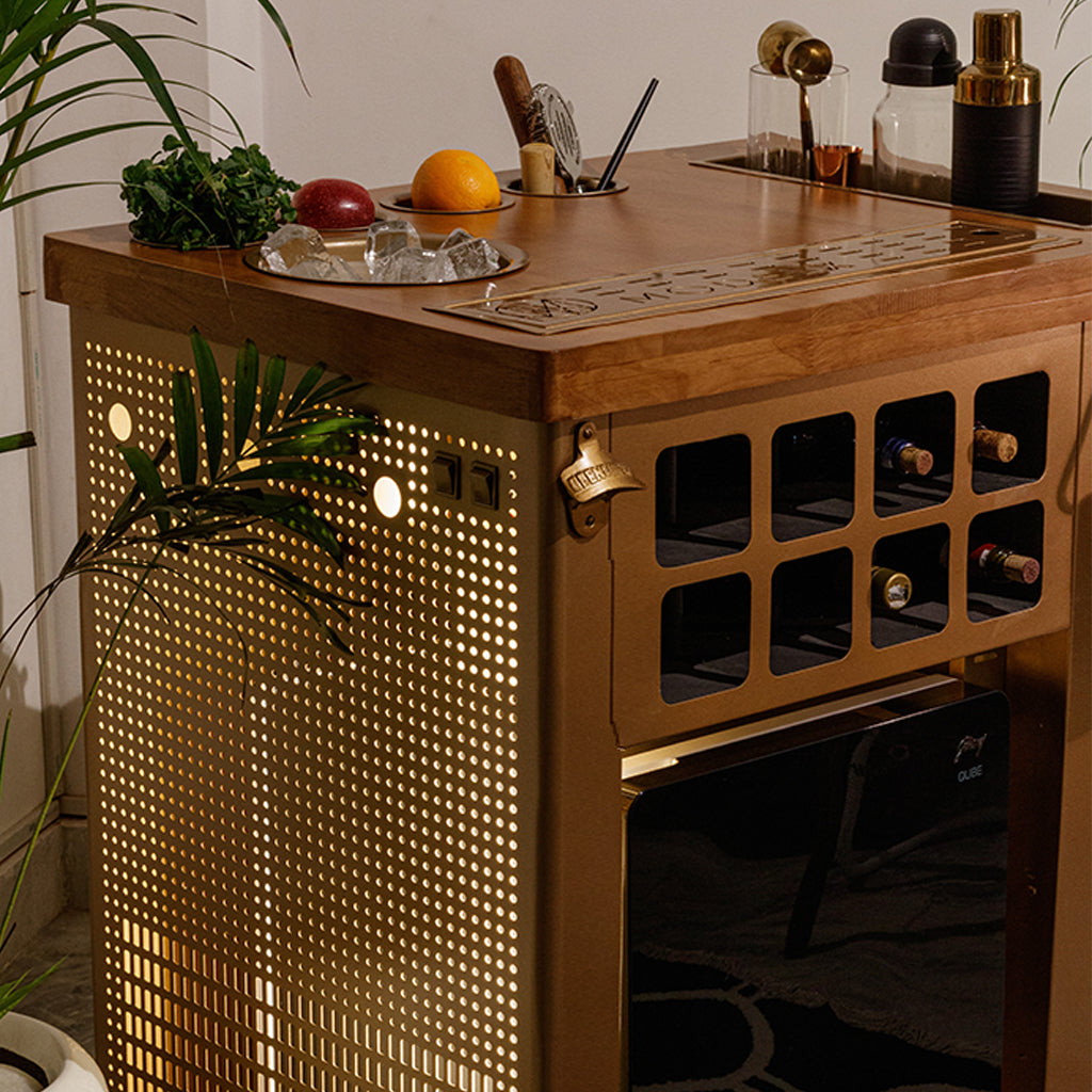 Model X Home Bar - Wooden Top In Gold Lattice Finish