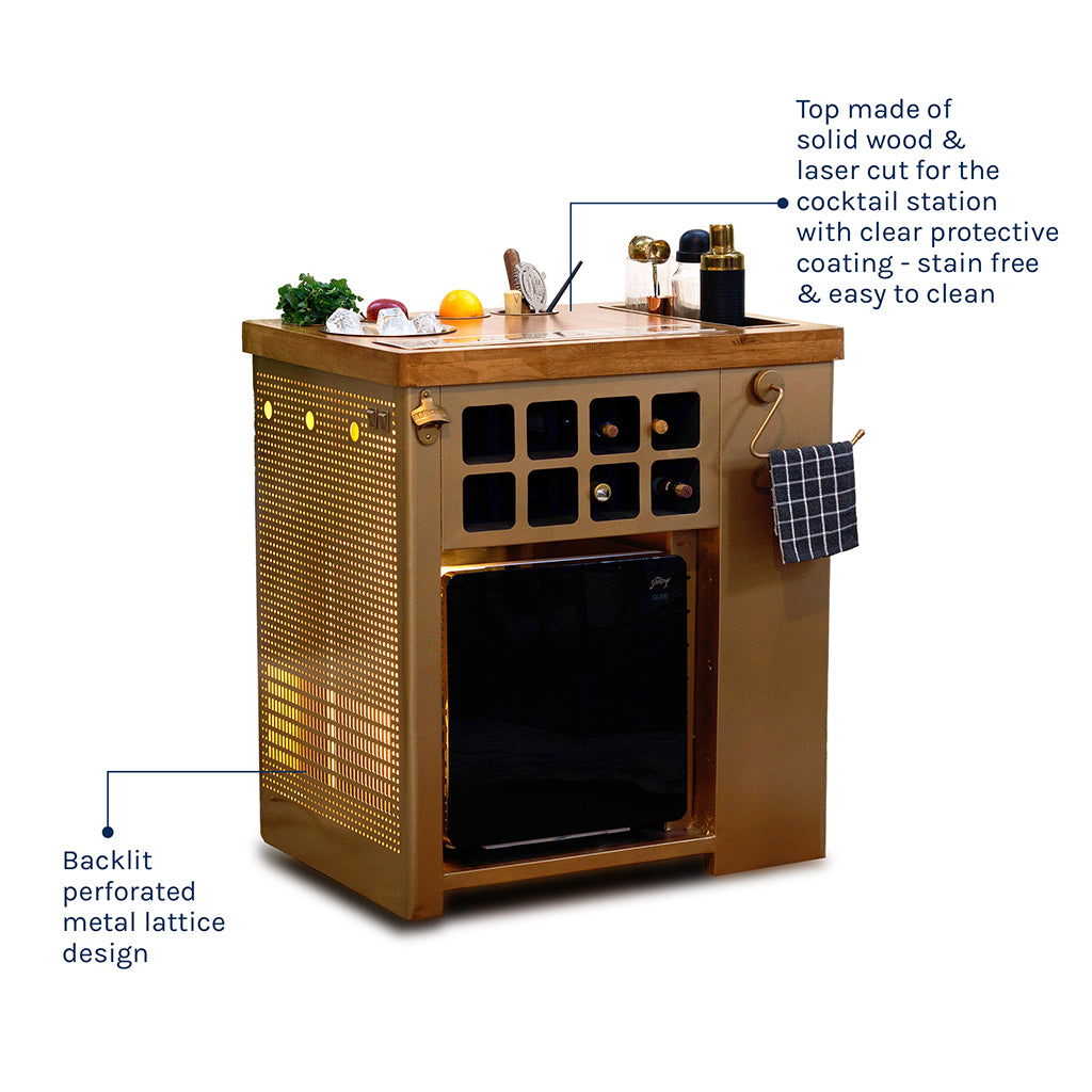 Model X Home Bar - Wooden Top In Gold Lattice Finish