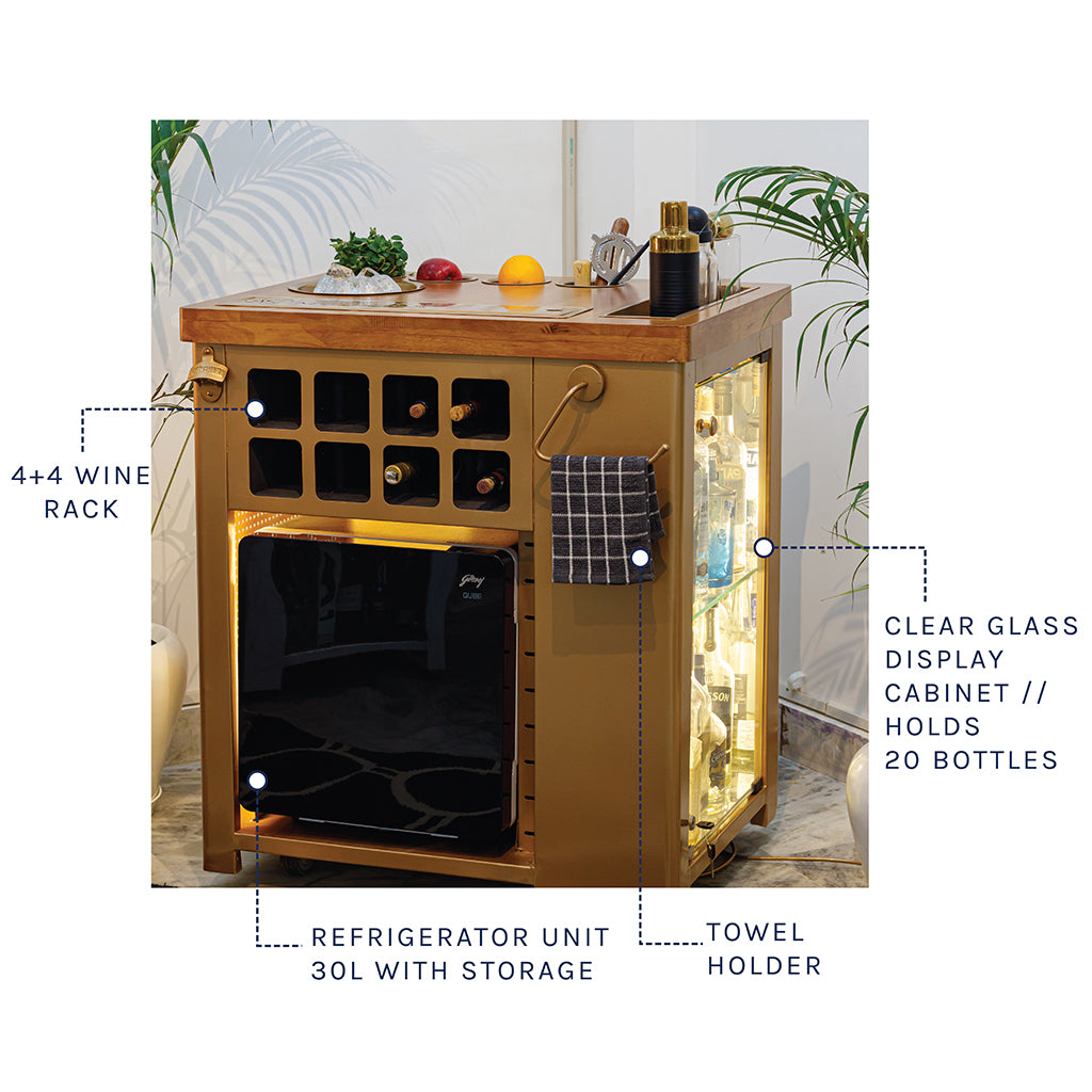 Model X Home Bar - Wooden Top In Gold Lattice Finish