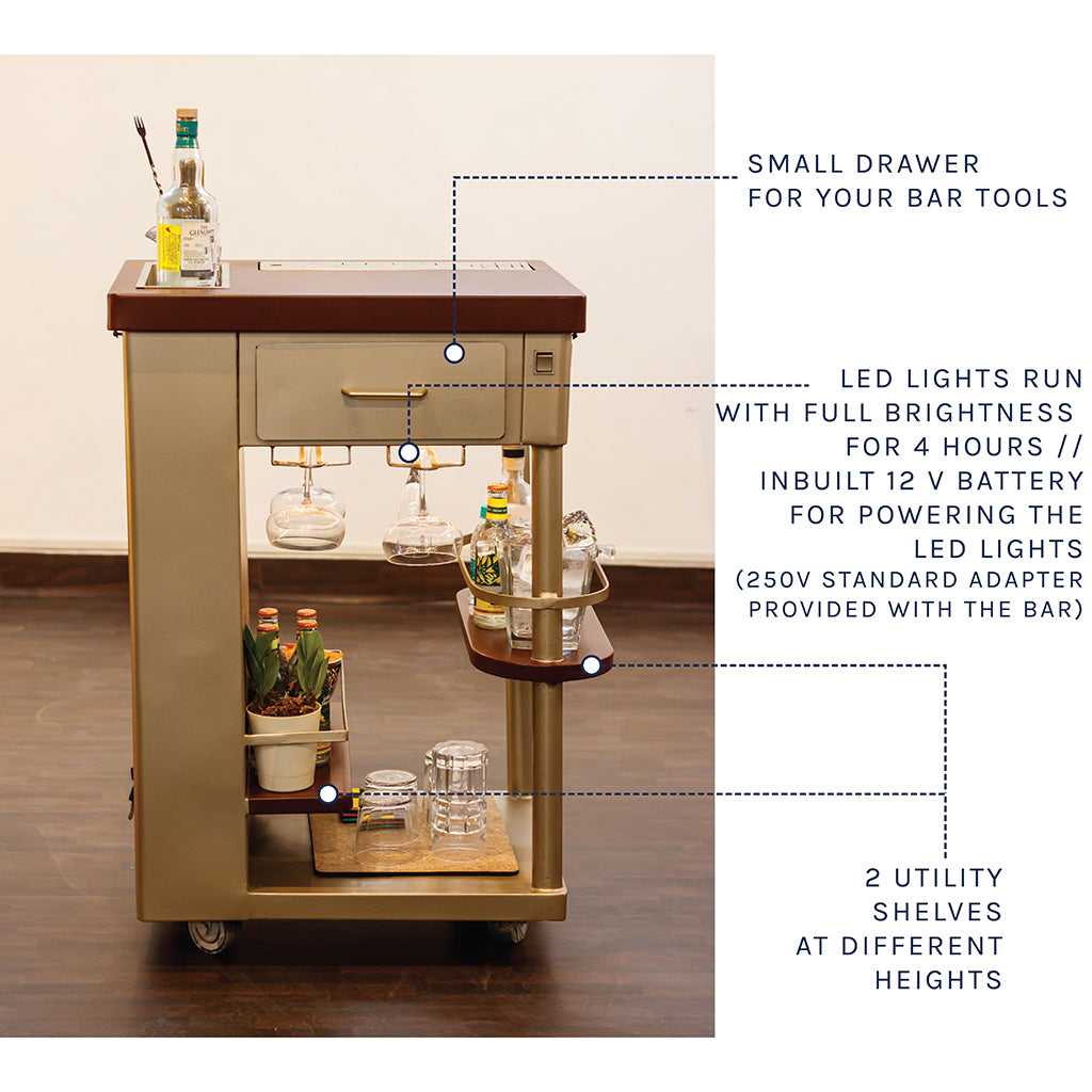 Model Y Bar Trolley - Metal Top & Wheels In Gold Finish