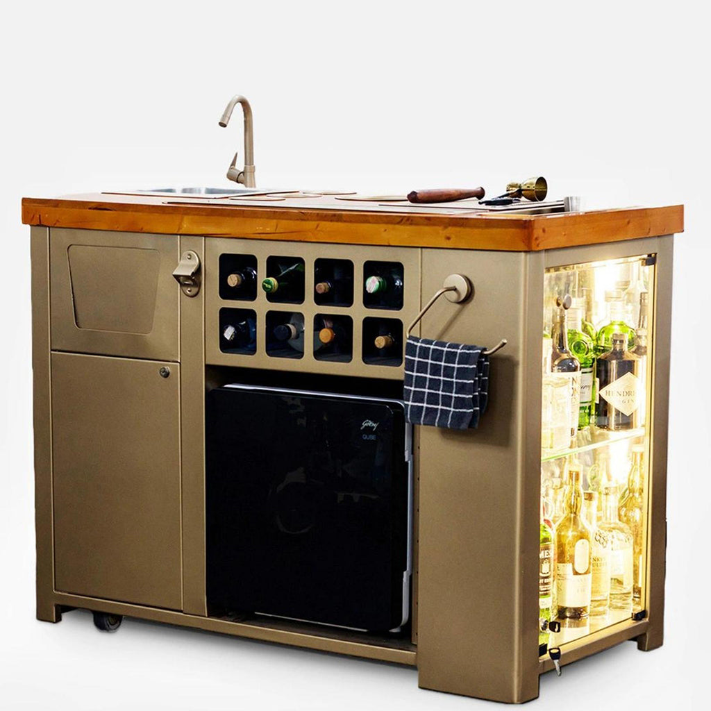 Model Z Home Bar - Wooden Top In Gold Lattice Finish