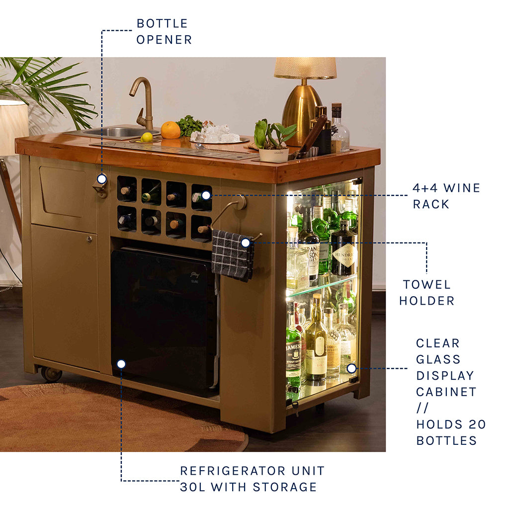 Model Z Home Bar - Wooden Top In Gold Lattice Finish