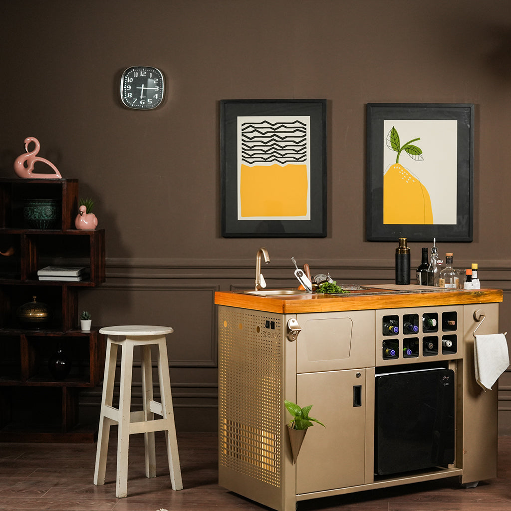 Model Z Home Bar - Wooden Top In Gold Lattice Finish